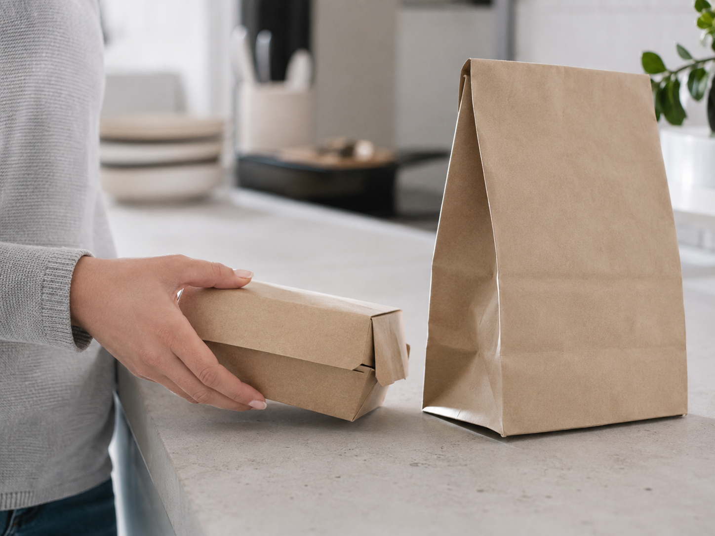 Customer holding a kraft takeaway box beside a plain paper delivery bag