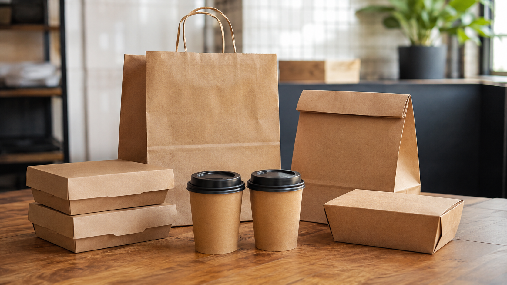 Kraft delivery bags, takeaway boxes, and paper cups with contrasting lids on a restaurant table