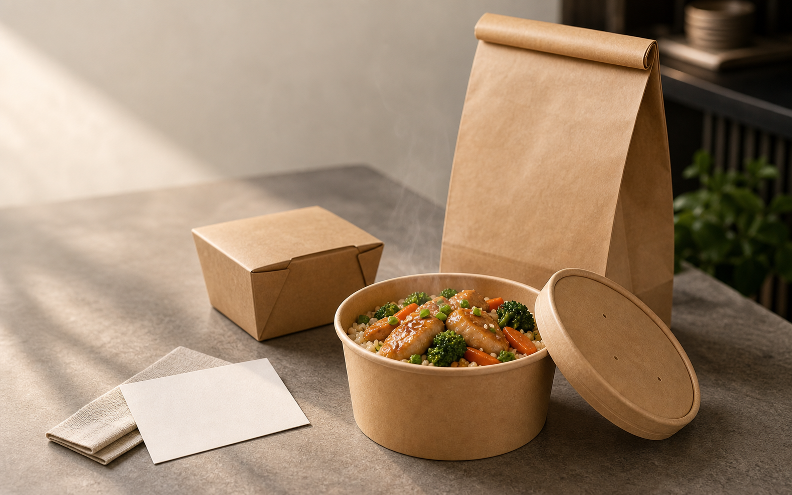 Kraft soup cup with fitted lid evaluated alongside matching takeaway packaging in a foodservice setting