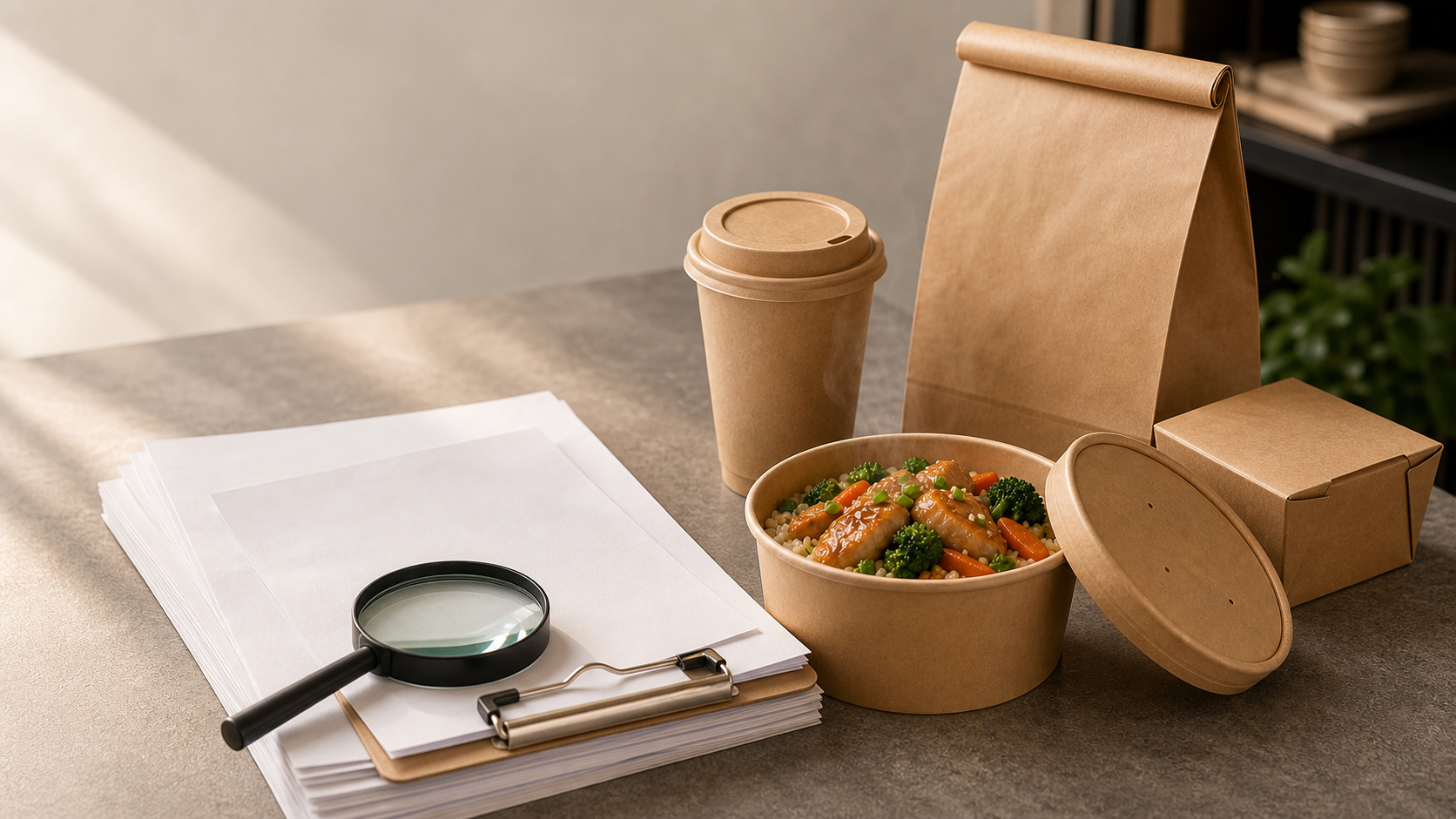 Foodservice buyer reviewing a paper cup, lid, product specification sheet and laboratory report on a worktable