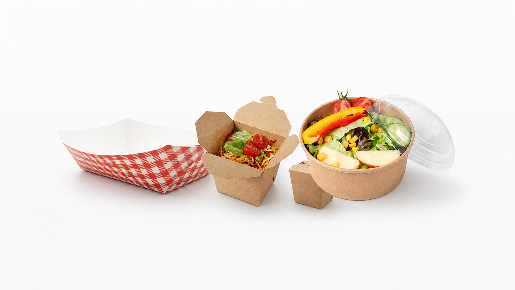 Kraft food tray, noodle box, and salad bowl with lid, centred on a white background