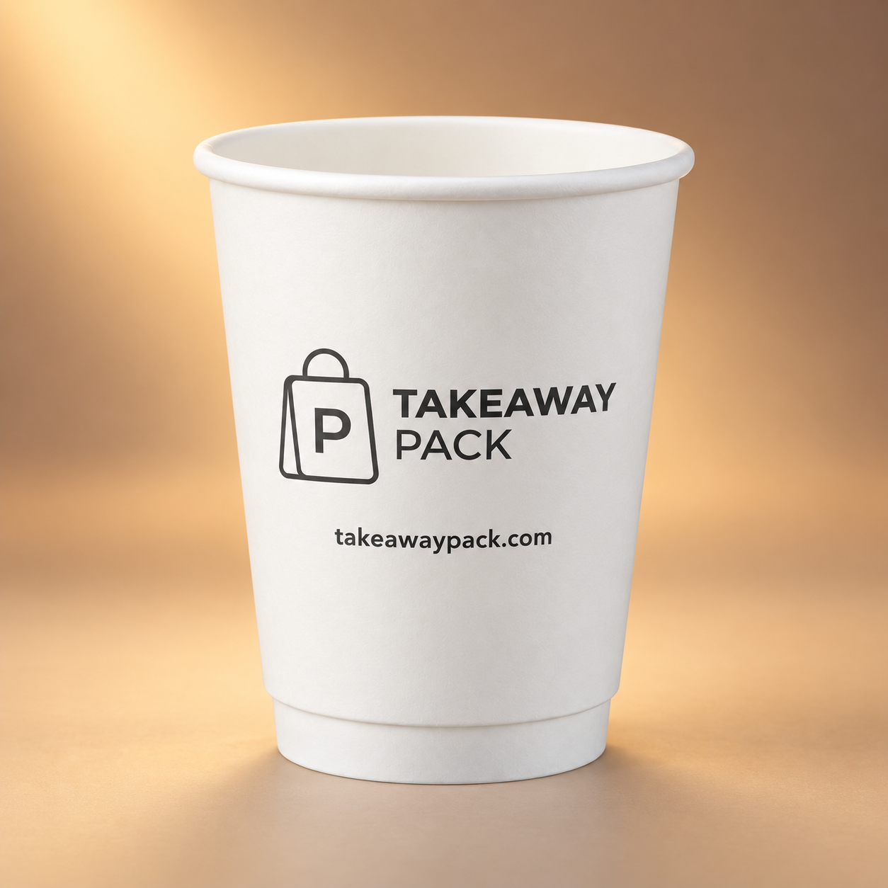 White paper cup printed with the Takeaway Pack logo