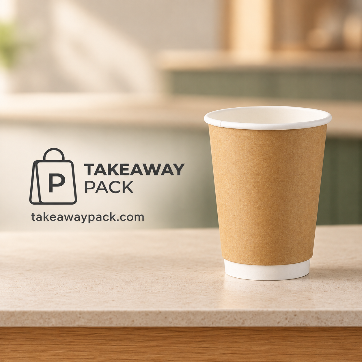 Kraft takeaway paper cup on a pale counter