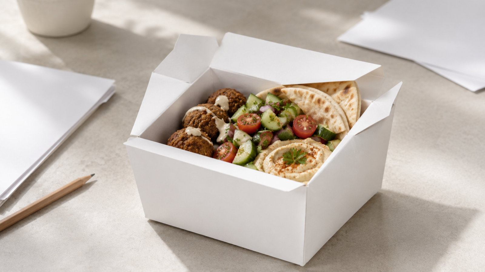 Blank white folded food box with a Mediterranean meal