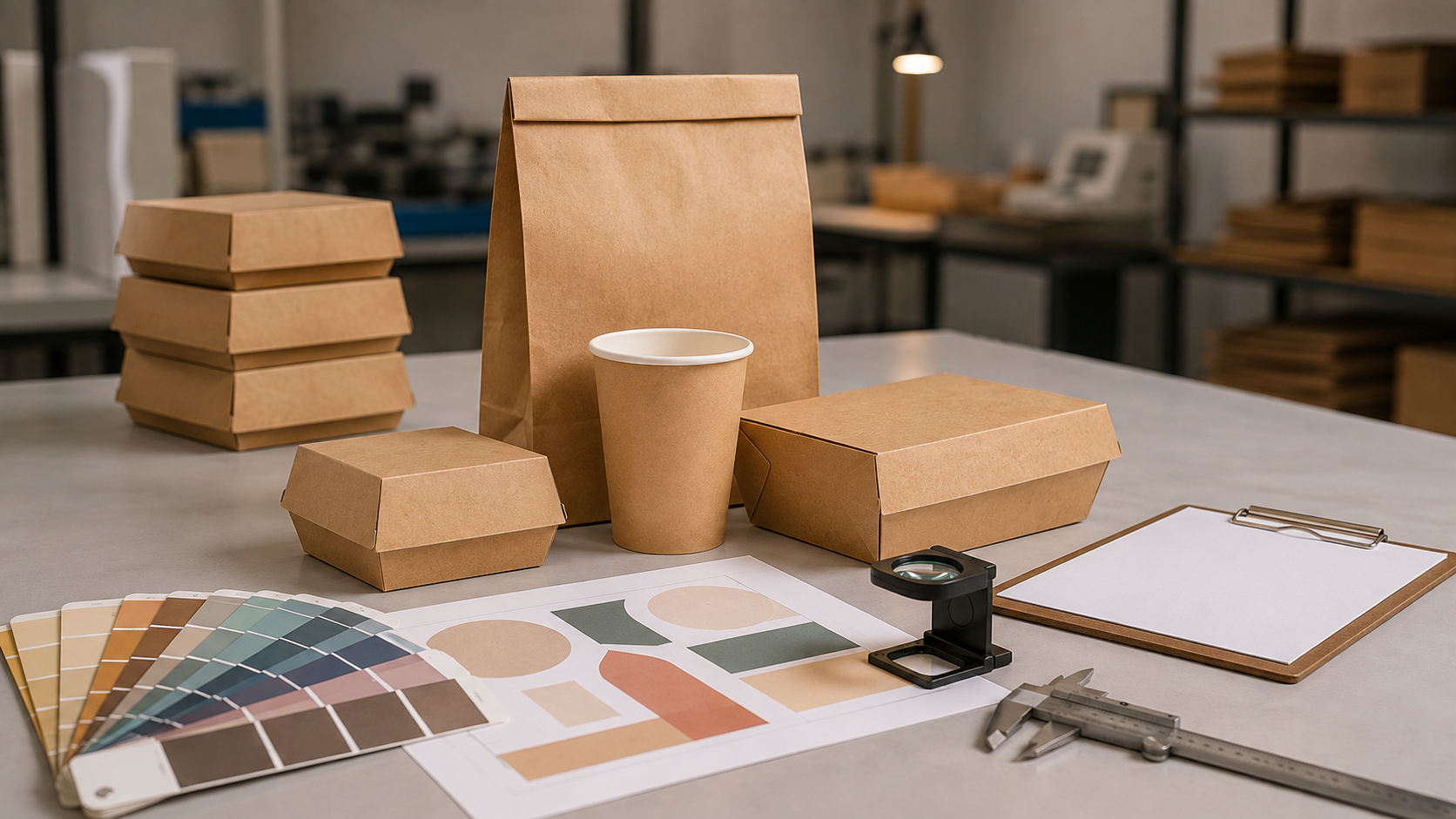 Unprinted foodservice packaging beside colour swatches, a loupe, calipers, and an inspection clipboard.