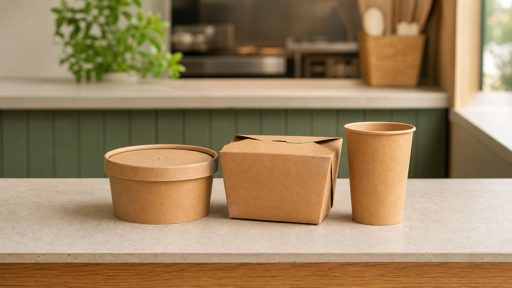 Unbranded kraft paper bowl, takeaway box and paper cup grouped on a restaurant pickup counter