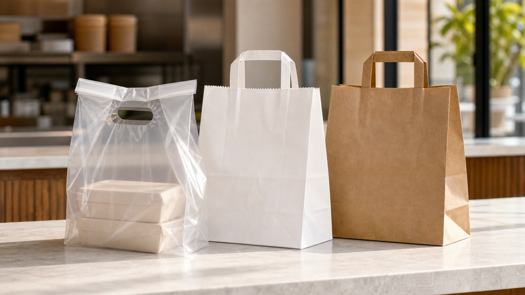 Three unbranded foodservice carry bags arranged centrally on a counter