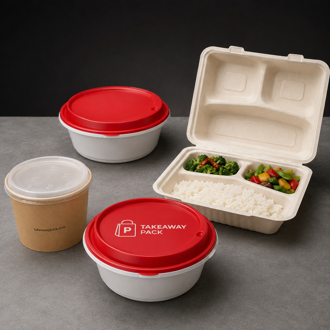 Four takeout containers on a dark surface: two round paper bowls with white and red lids, and an open three-compartment plastic tray of rice and vegetables with a red printed lid.