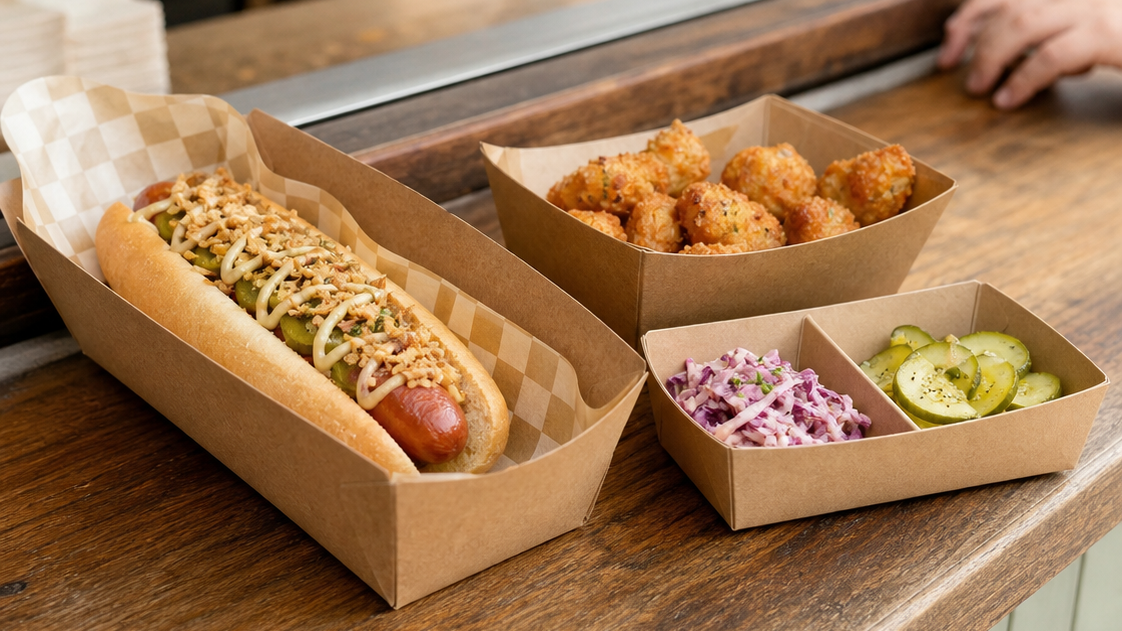 Unbranded kraft food trays with prepared food arranged on a restaurant counter
