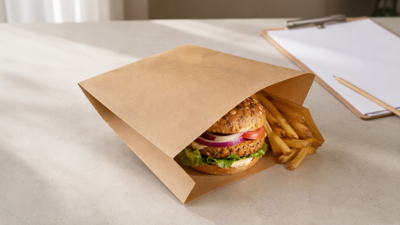 Unprinted natural kraft burger bag with a burger and fries