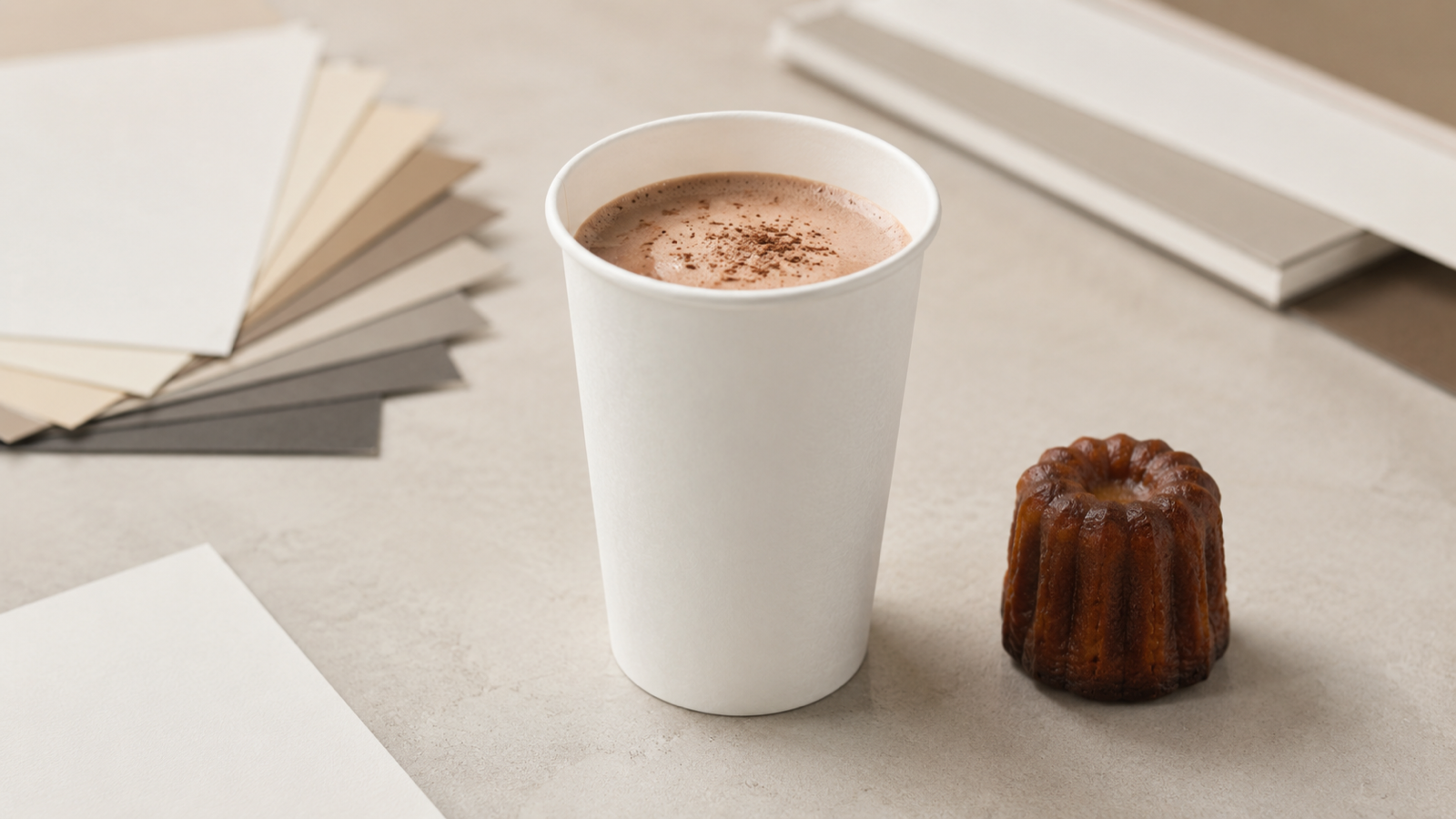 Unprinted white single-wall cup with a drink and pastry
