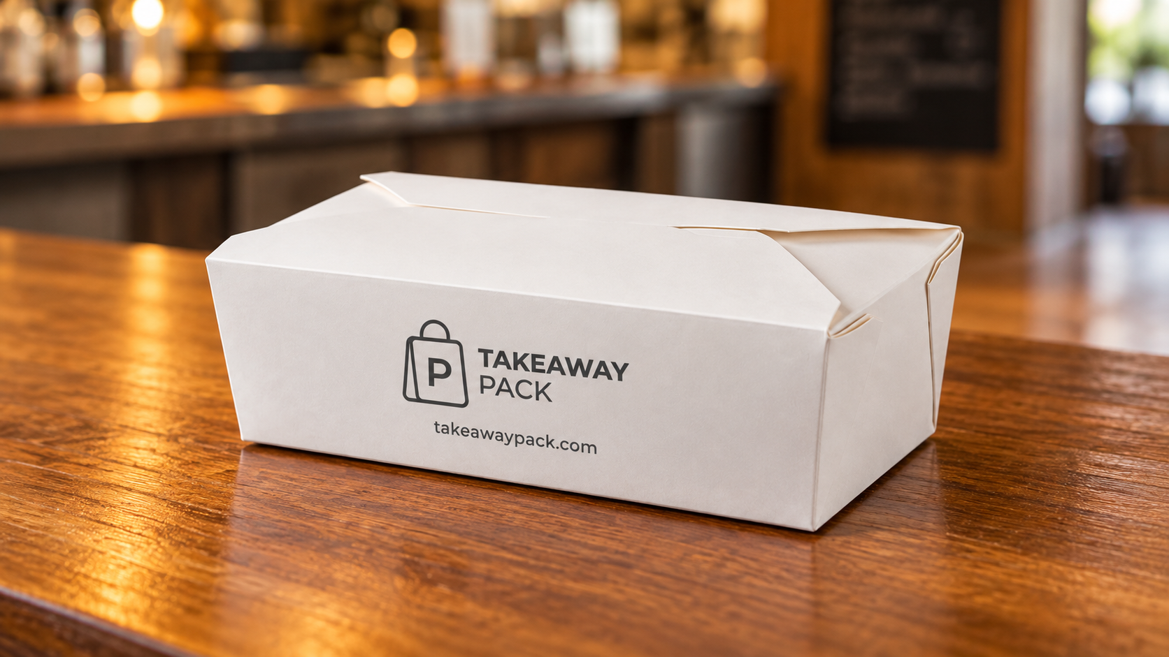 Closed white folded food carton on a wooden table, branded Takeaway Pack.