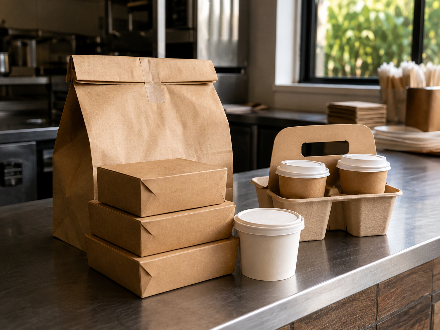 Sealed kraft delivery bag, stacked takeaway boxes, paper soup cup, and drink carrier on a kitchen counter