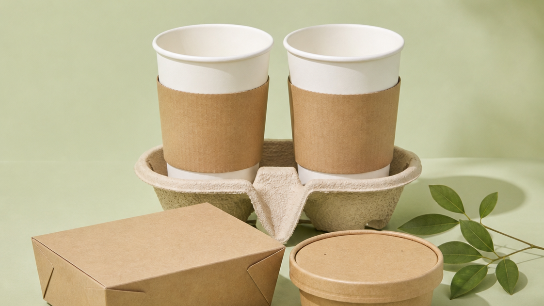 Unbranded food cups and takeaway boxes arranged centrally on a green background