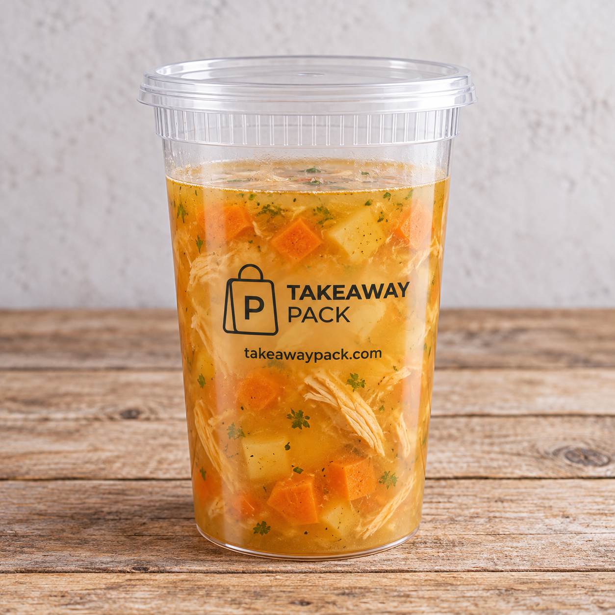 Clear lidded cup filled with broth and vegetables, branded Takeaway Pack.