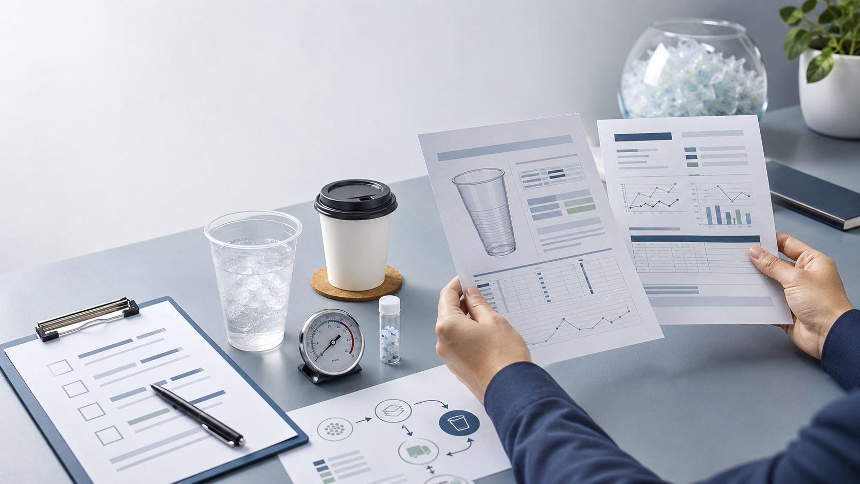 Recycled-plastic cup documentation review with cold and hot beverage cups, temperature gauge, and process records.