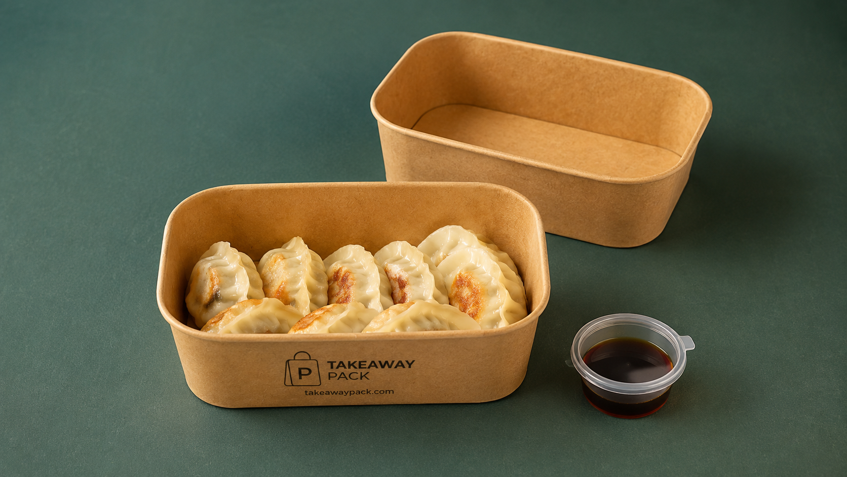 Kraft takeaway containers with dumplings and a hinged-lid sauce cup