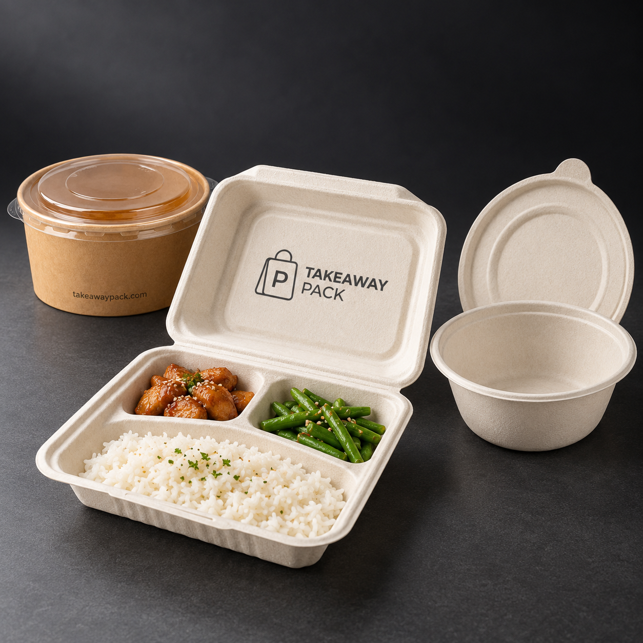 A takeout container of rice and stir-fried vegetables with a printed lid sits on a dark background next to a small round bowl whose lid is lifted off.
