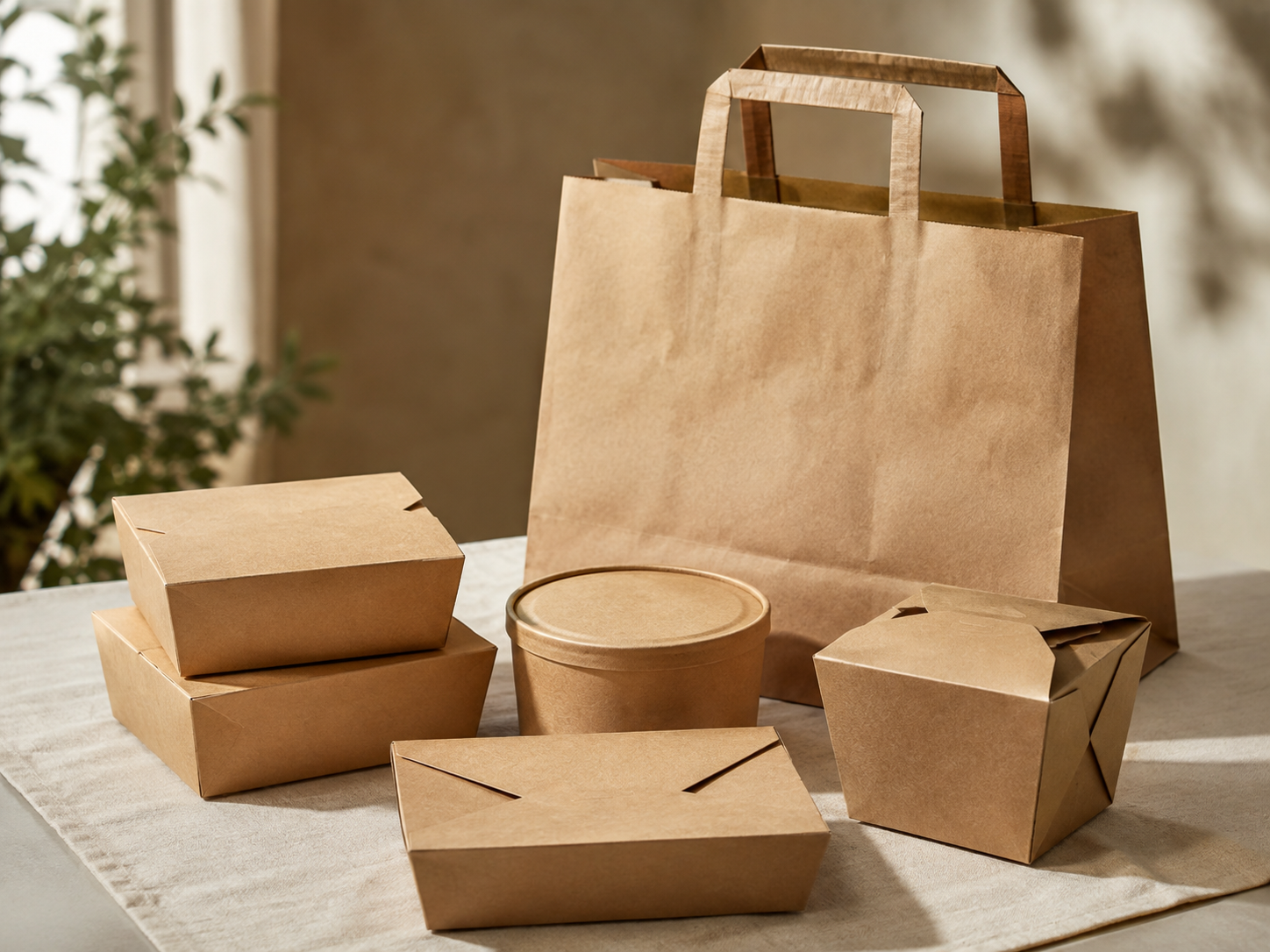 Kraft delivery bag surrounded by paper takeaway boxes and a lidded food bowl