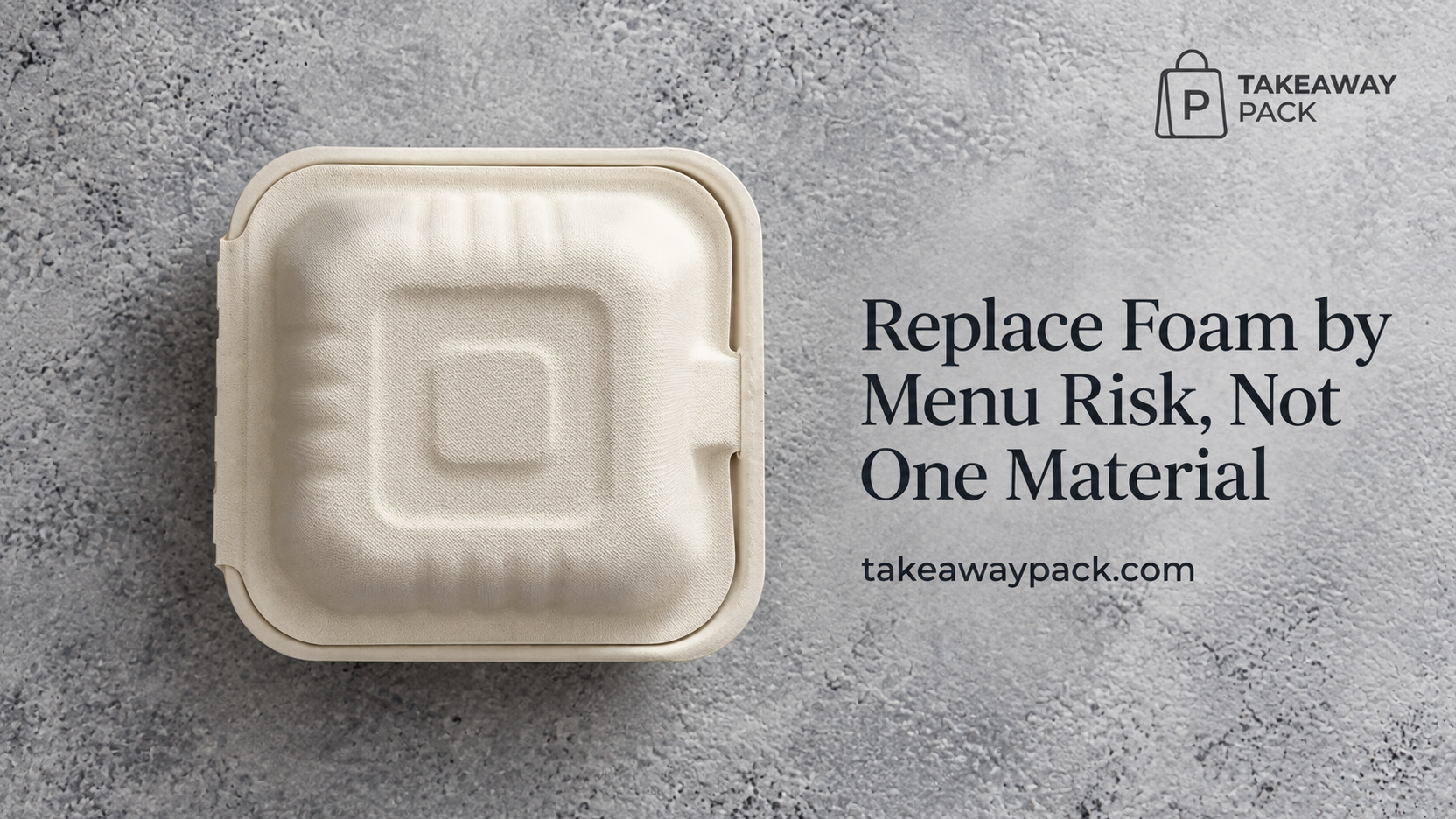 White foam takeaway container on a grey textured surface.