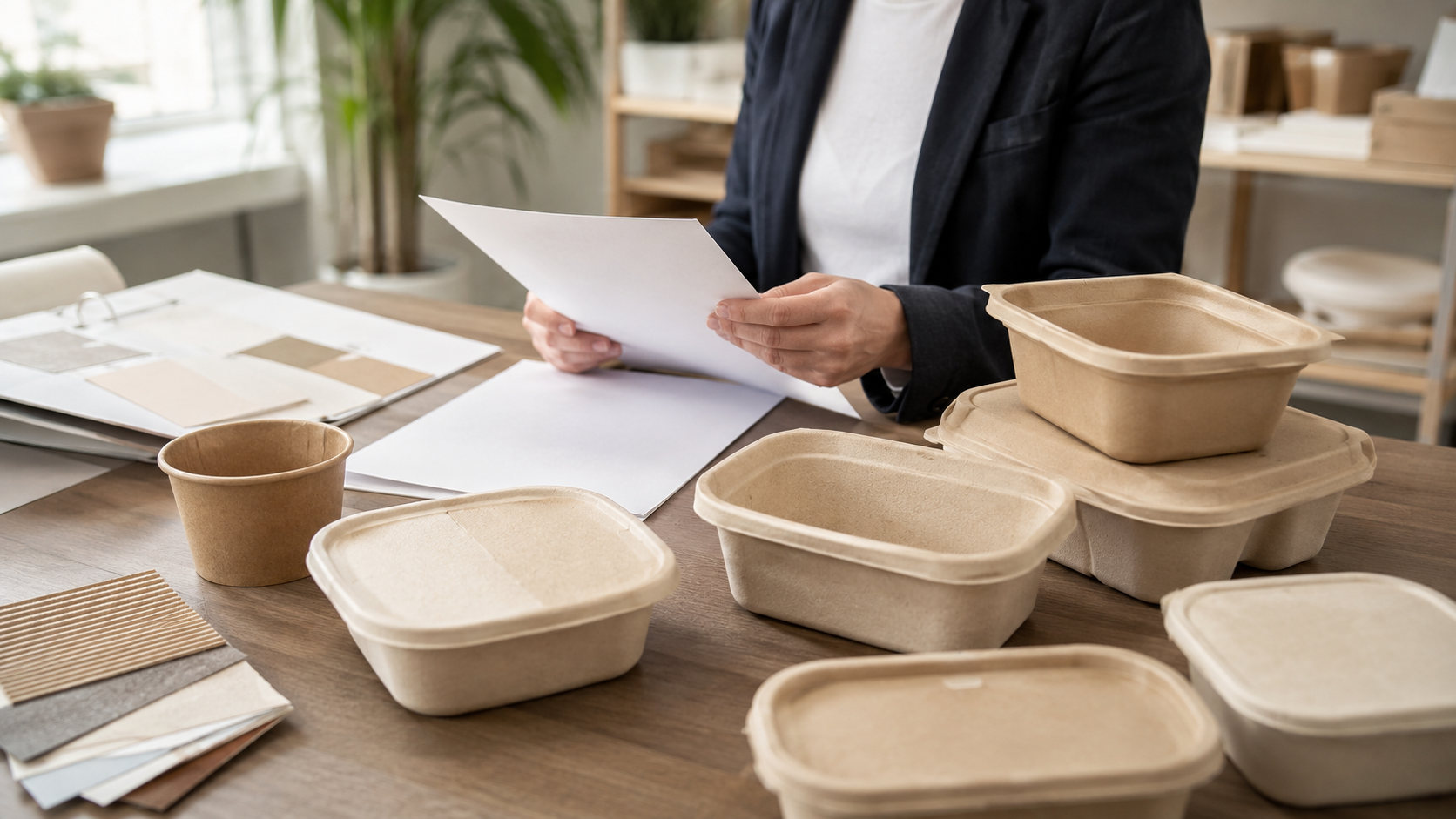 Packaging professional reviewing documents beside molded-fiber takeaway containers and material samples