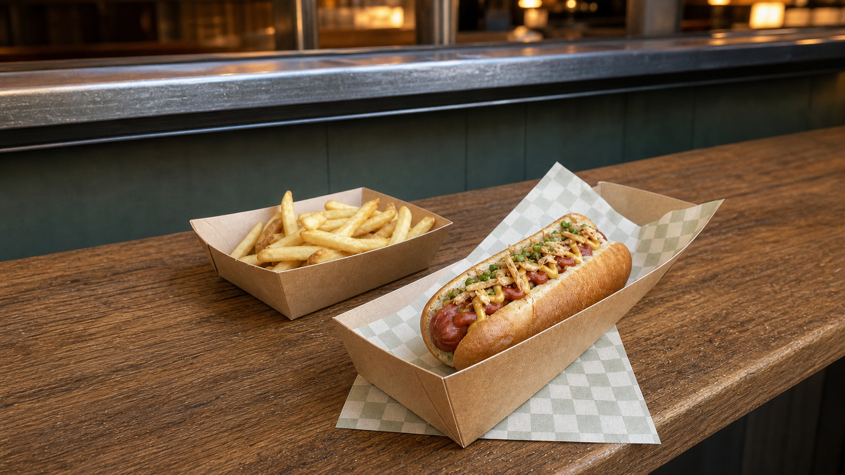 Unbranded kraft paper food trays holding a hot dog and fries, centred on a restaurant counter