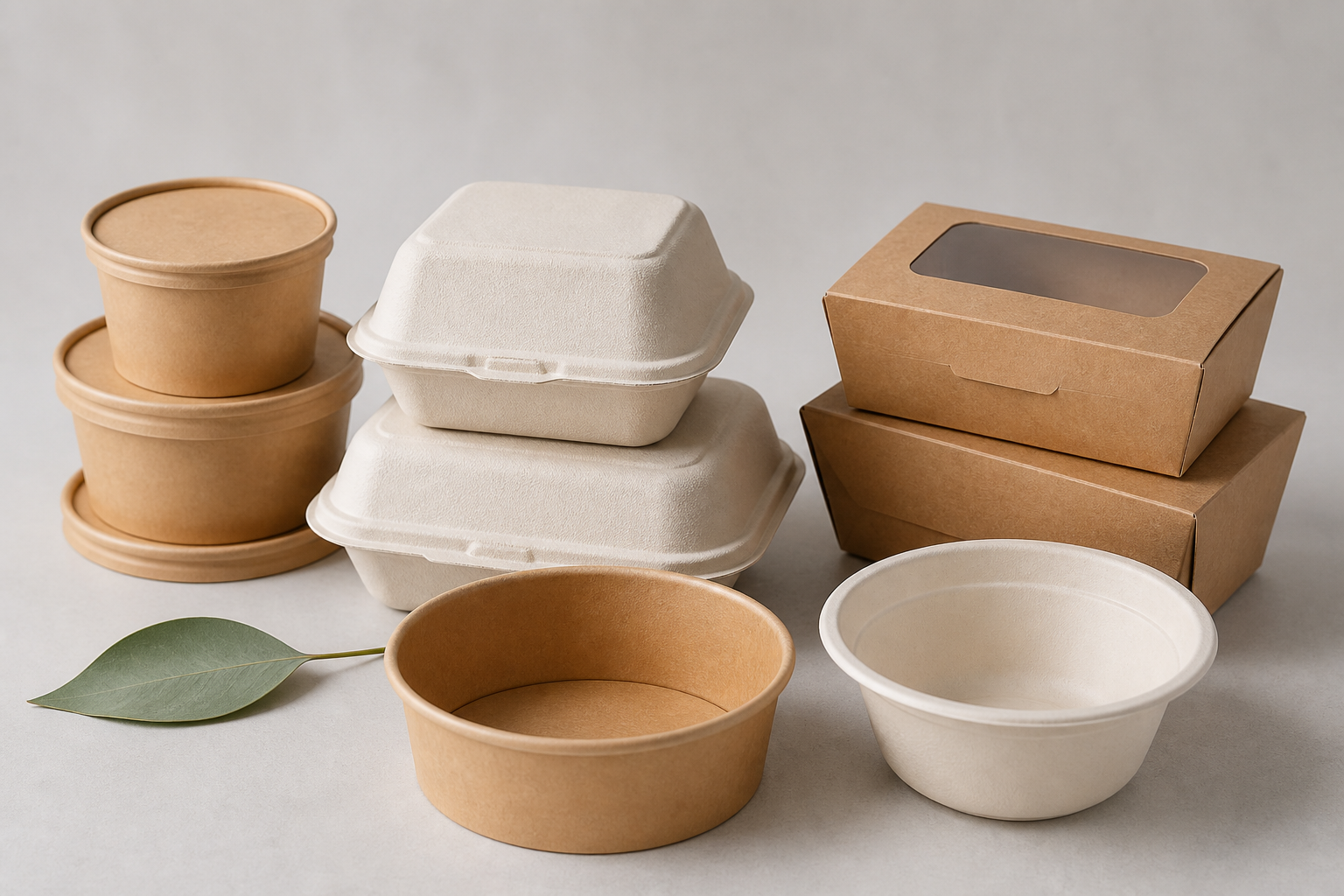 Paper bowls, molded-fiber clamshells, and kraft takeaway boxes arranged with a green leaf