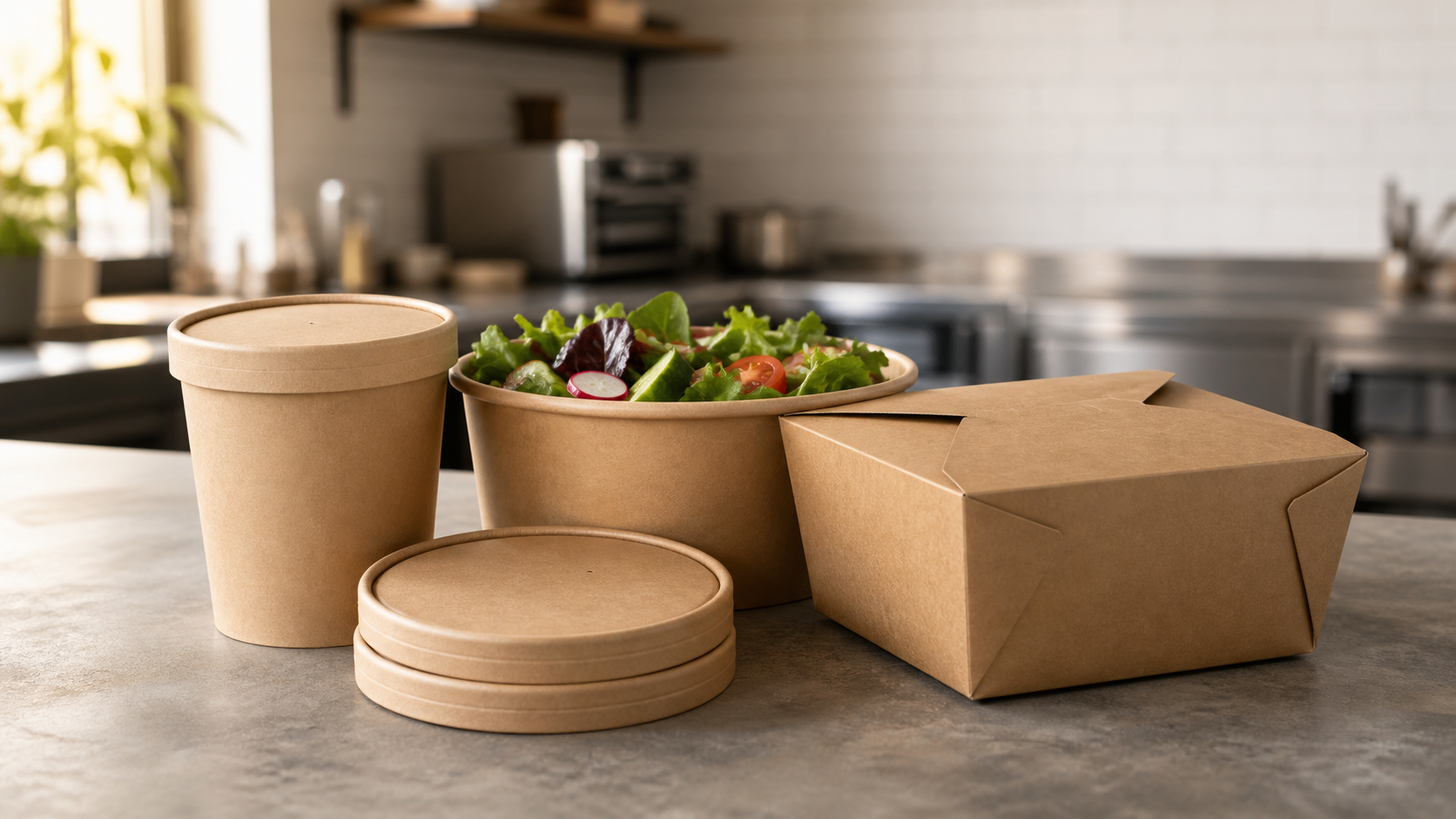 Kraft paper soup cup, salad bowl, takeaway box, and matching lids arranged on a foodservice worktop