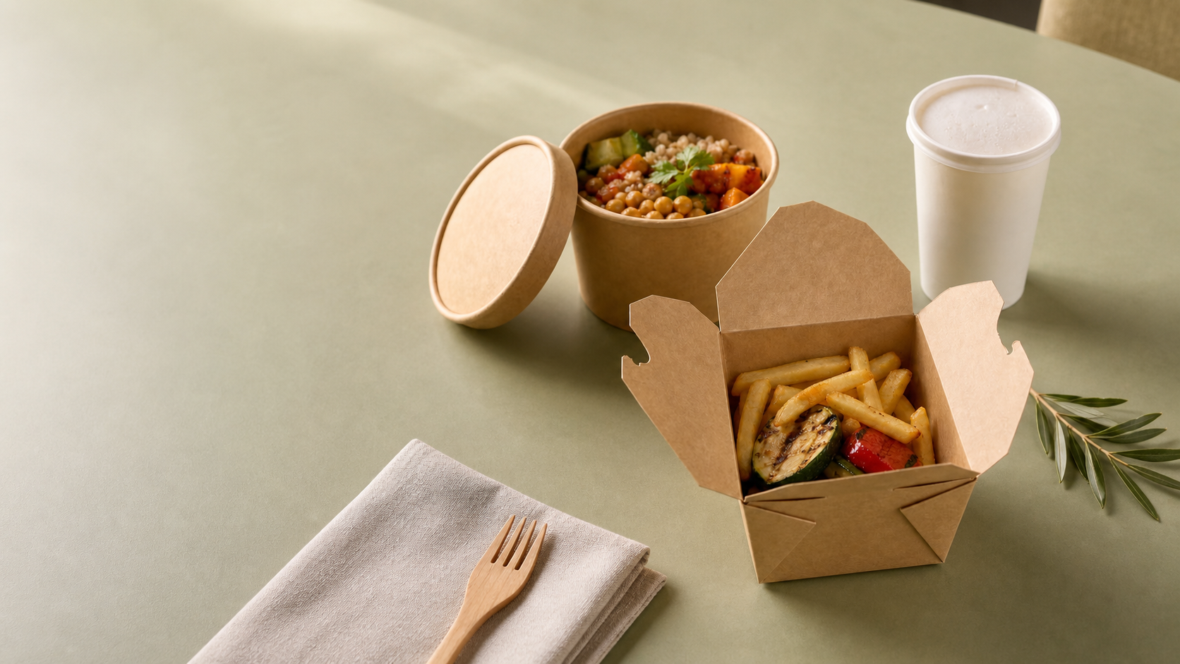 Kraft takeaway box, paper bowl and drink cup arranged on an olive-green table