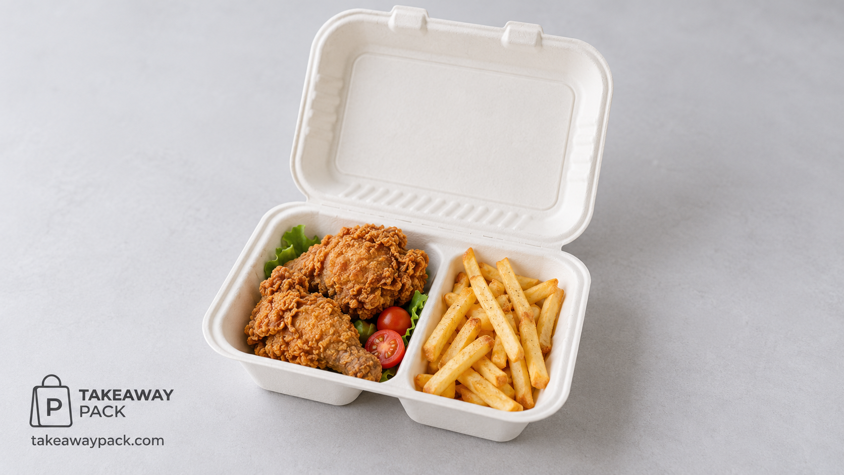 Open white two-compartment takeaway box holding fried chicken with lettuce and a cherry tomato beside French fries on a grey surface.