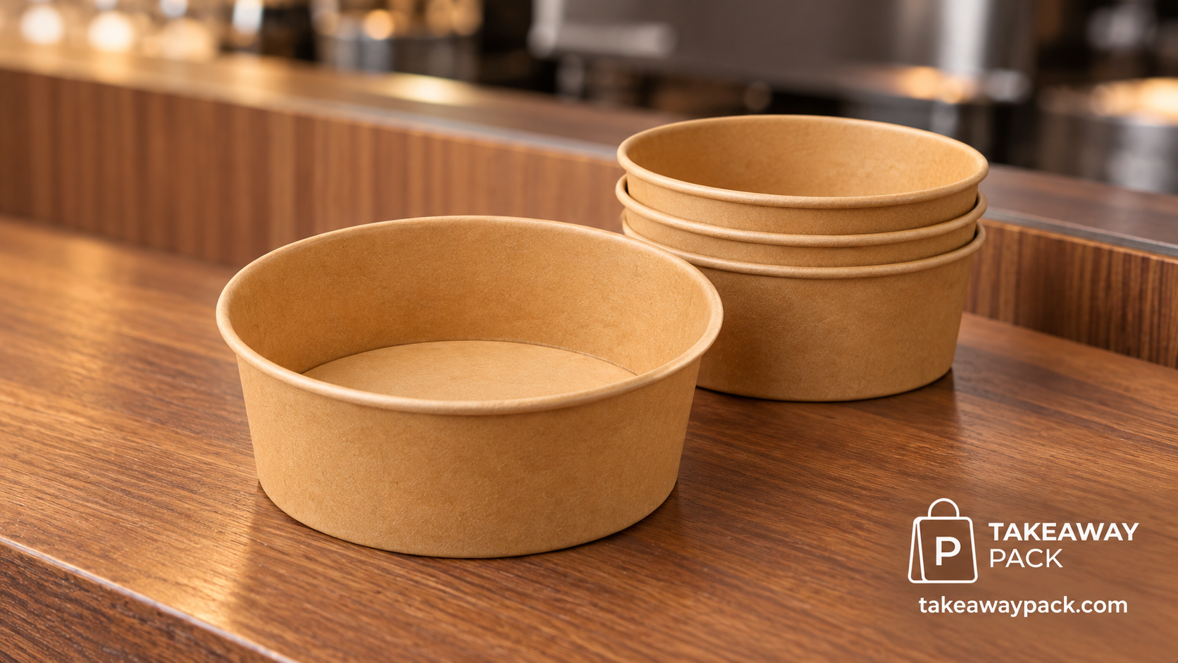Four round brown food bowls on a wooden counter with a Takeaway Pack logo.