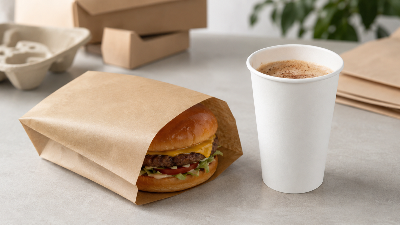 Natural kraft burger bag and unprinted white cup with a burger and drink