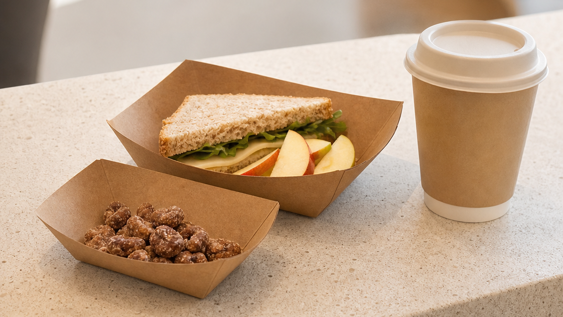 Kraft paper boats with a sandwich and snack bites beside a paper cup on a café counter
