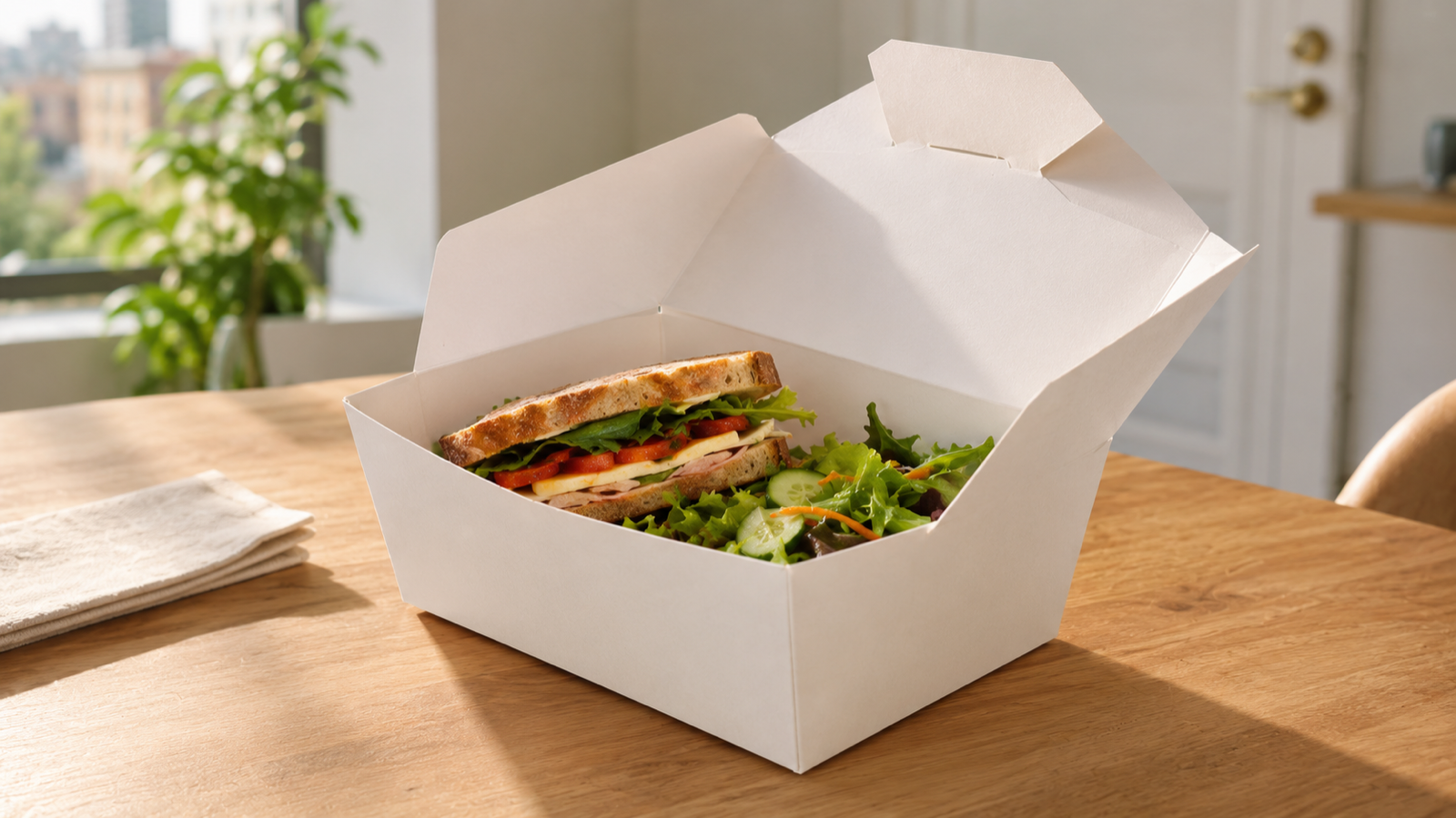 Plain white folded food box with a sandwich and salad