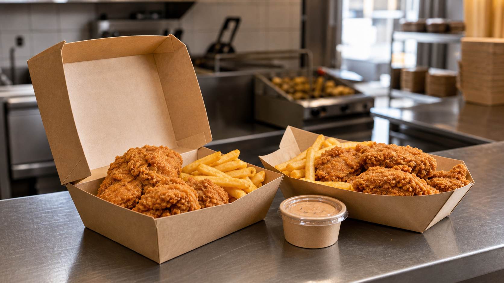 Unbranded kraft food trays with fried chicken and fries on a takeaway kitchen counter
