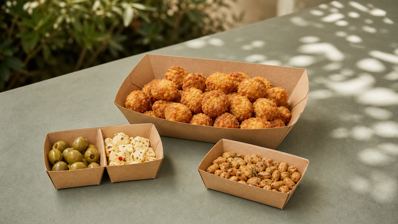 Unbranded kraft food trays with prepared food arranged as a complete packaging assortment on a green tabletop
