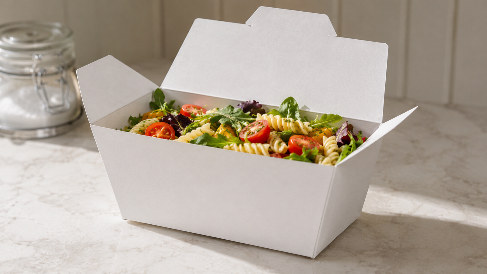 Plain white folded food box with pasta salad