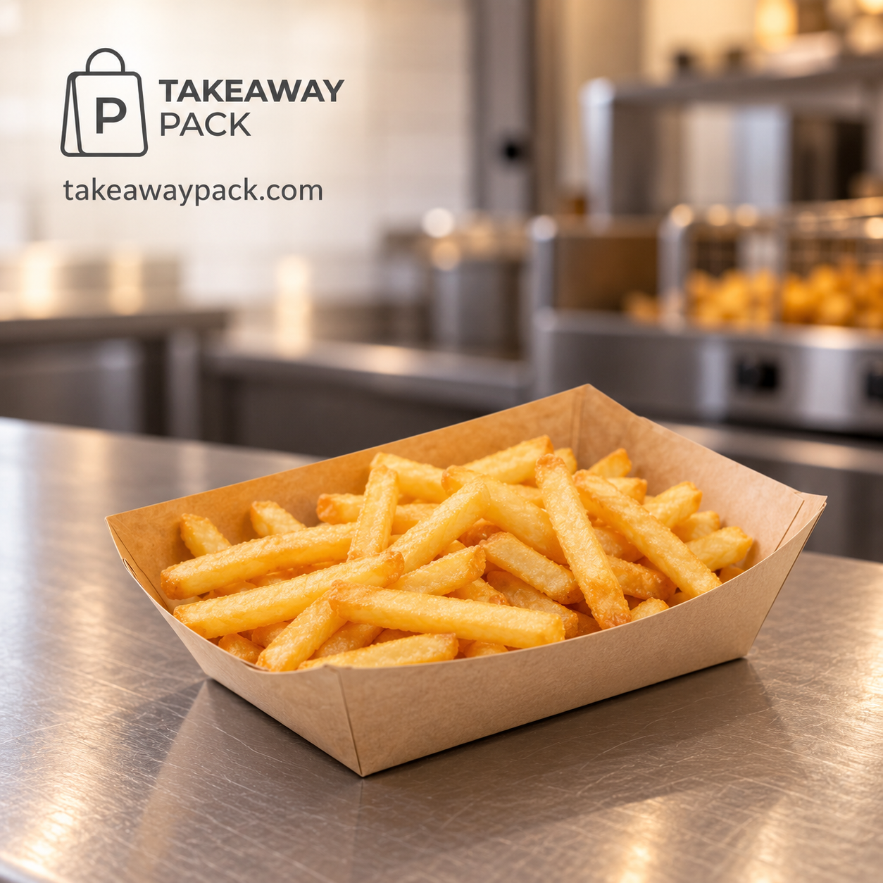 Golden fries in a kraft paper tray