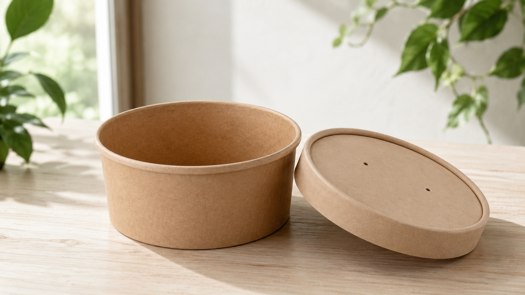 Compostable food containers and packaging materials arranged on a wooden table in a restaurant setting