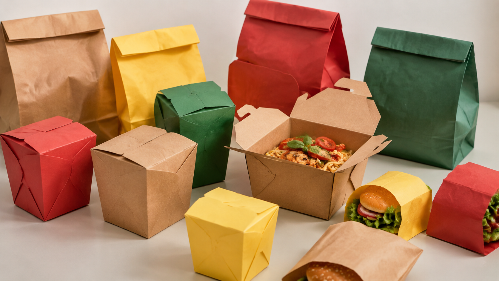 Distinctly colored takeout boxes and bags for different virtual restaurant brands lined up on a packing shelf.