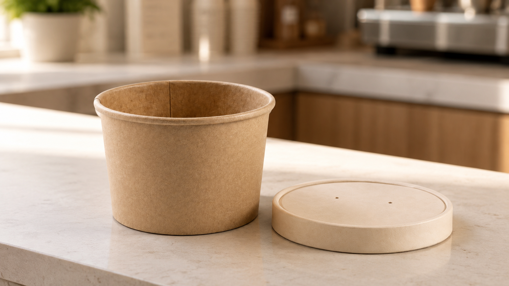 Bagasse food containers with lids on a catering table
