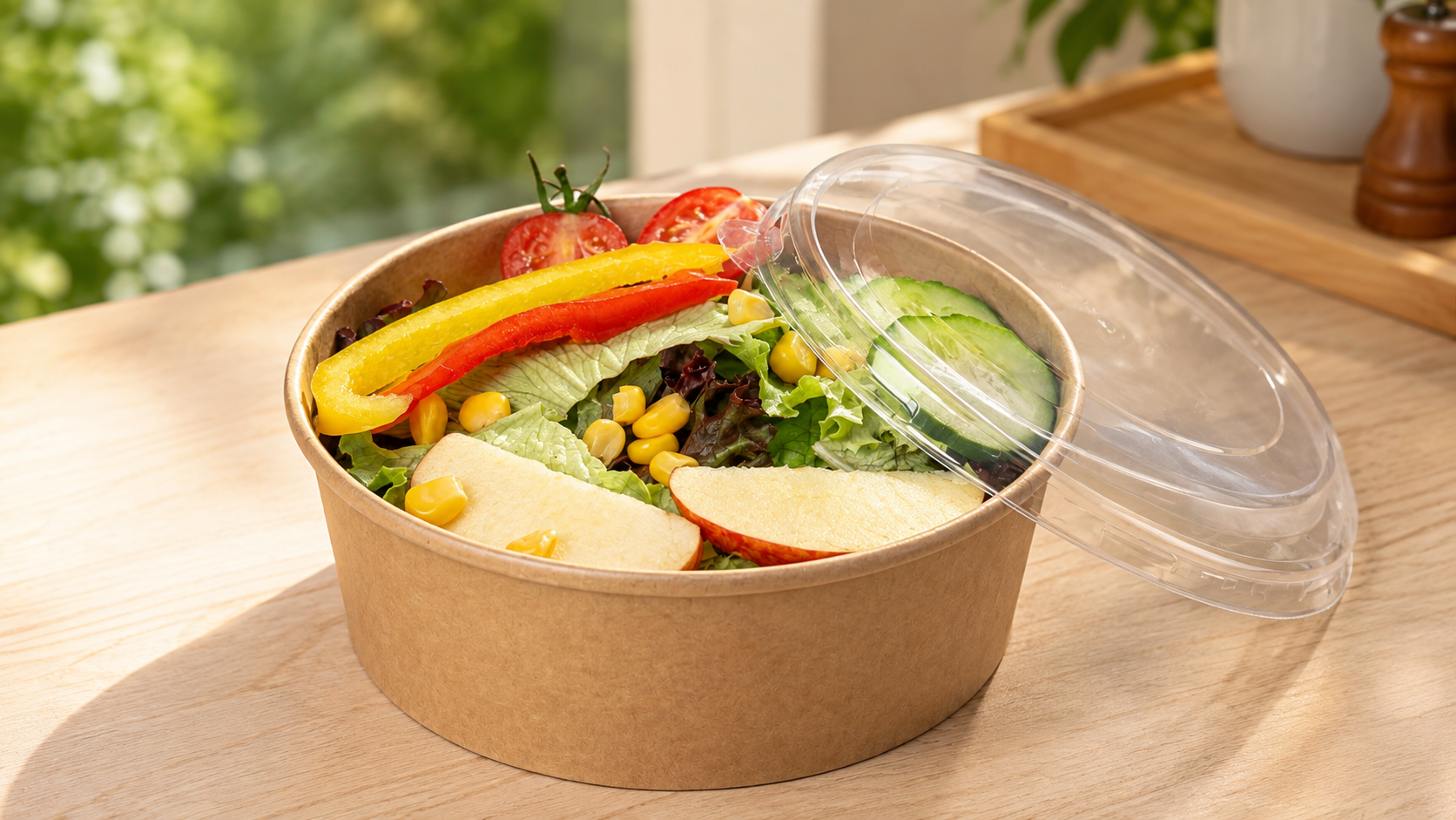 Assorted compostable takeaway containers stacked in a commercial kitchen environment