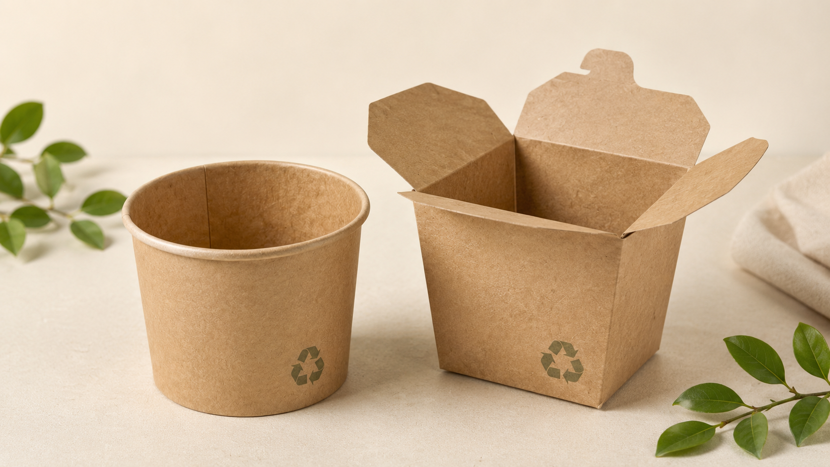 Foodservice cups and containers with How2Recycle disposal labels lined up on a shelf