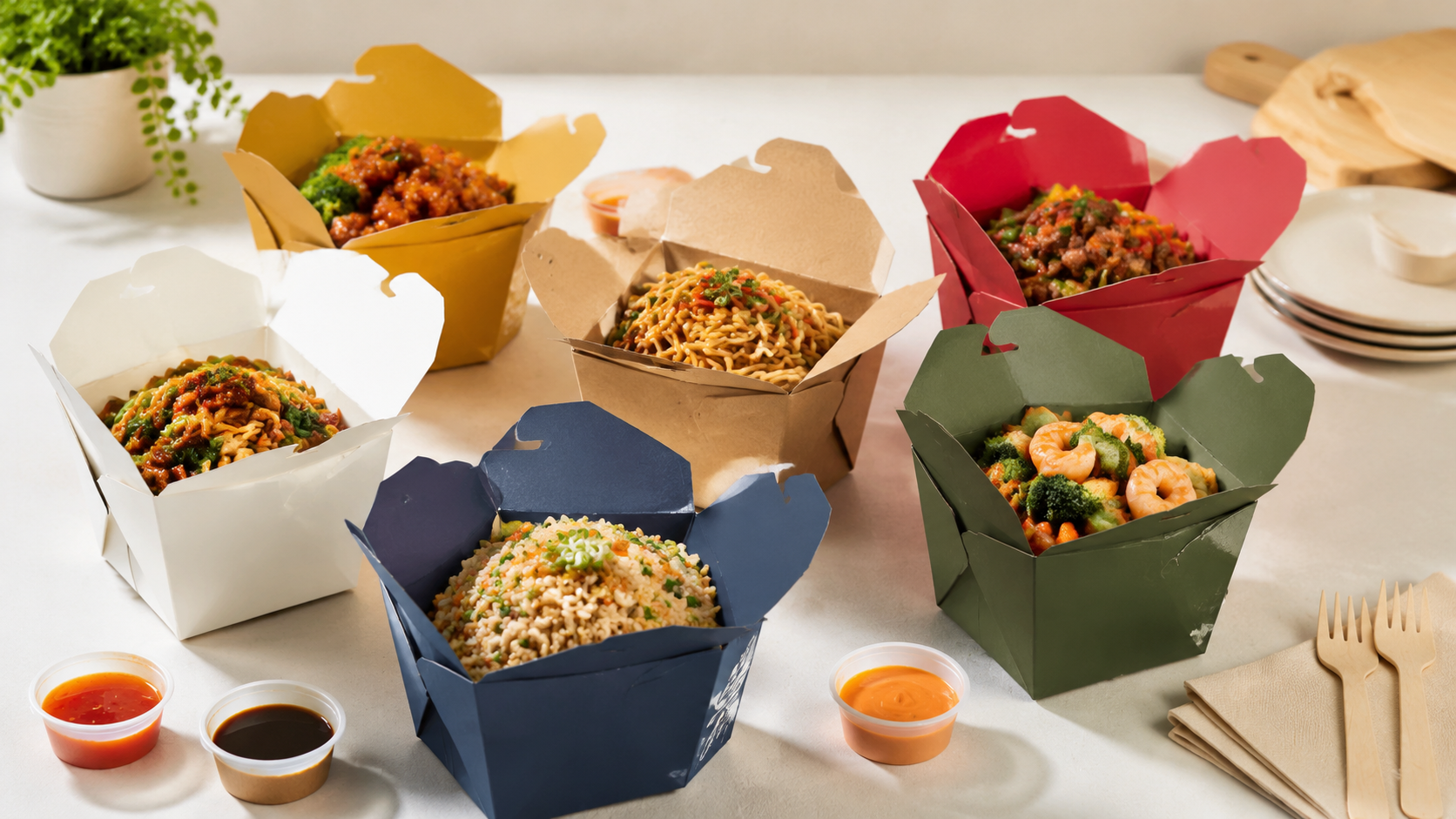 Color-coded takeaway boxes in different styles arranged on a restaurant prep counter