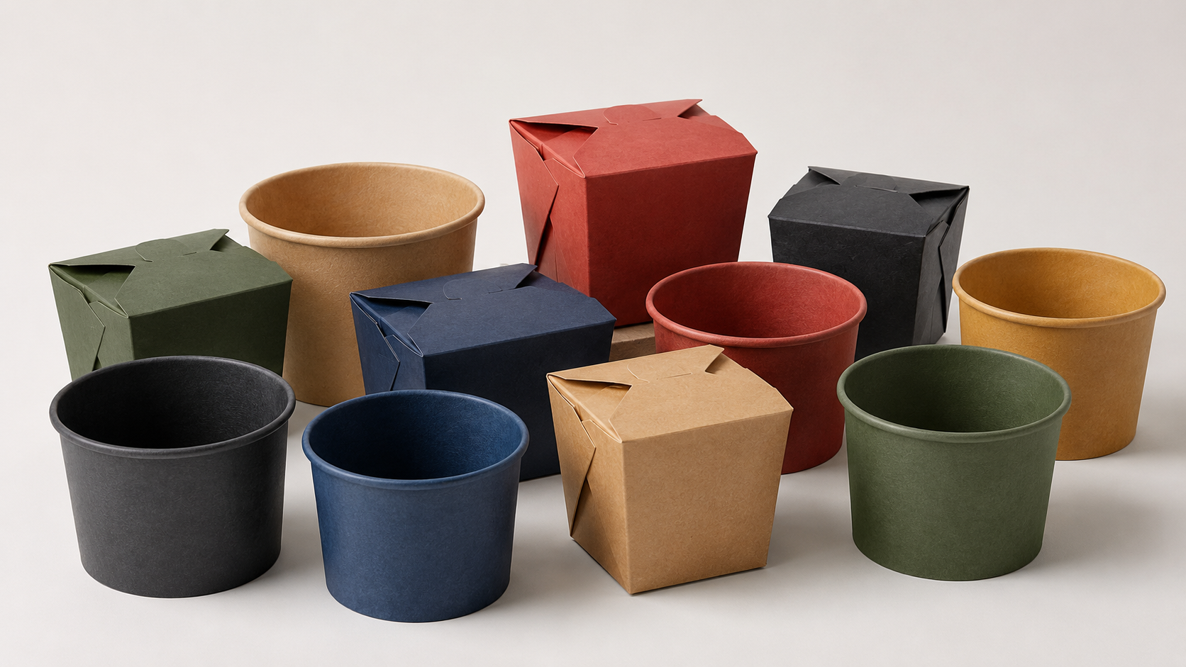 Rows of differently colored food packaging containers and bags organized by brand in a commercial kitchen.