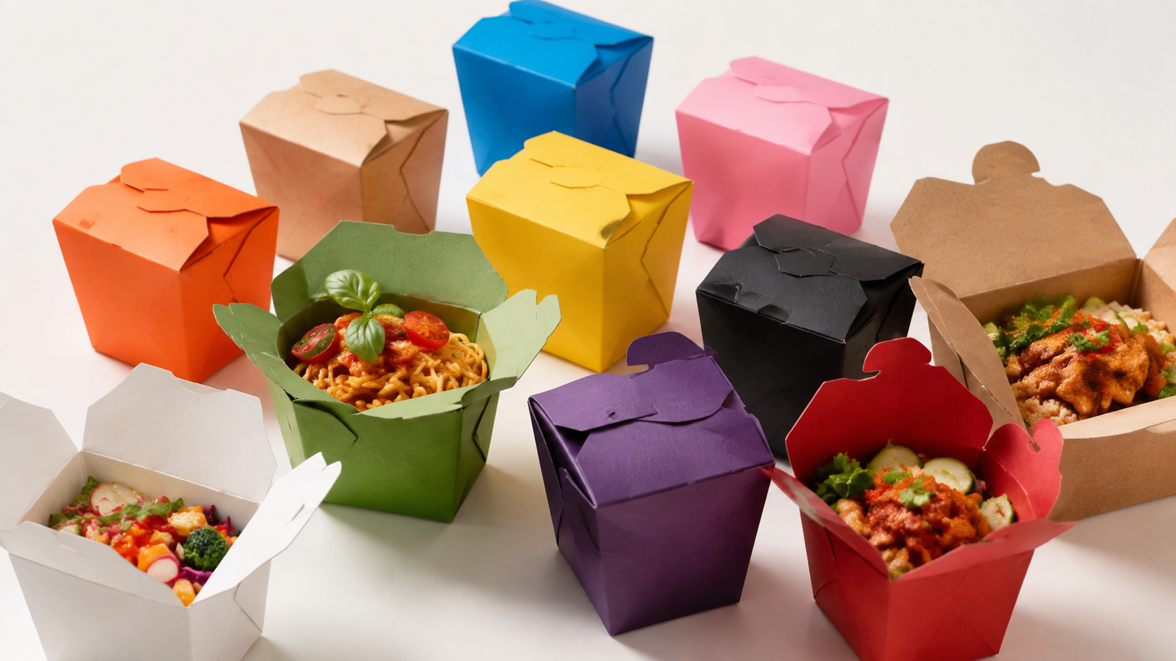 Color-coded food delivery bags and boxes for multiple restaurant brands stacked in a Dubai cloud kitchen.