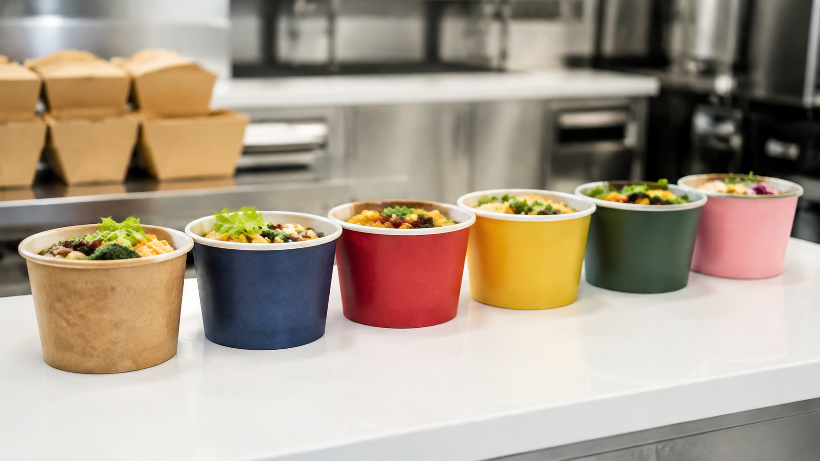 Color-coded takeout containers and bags arranged on a stainless steel packing counter in a busy cloud kitchen.