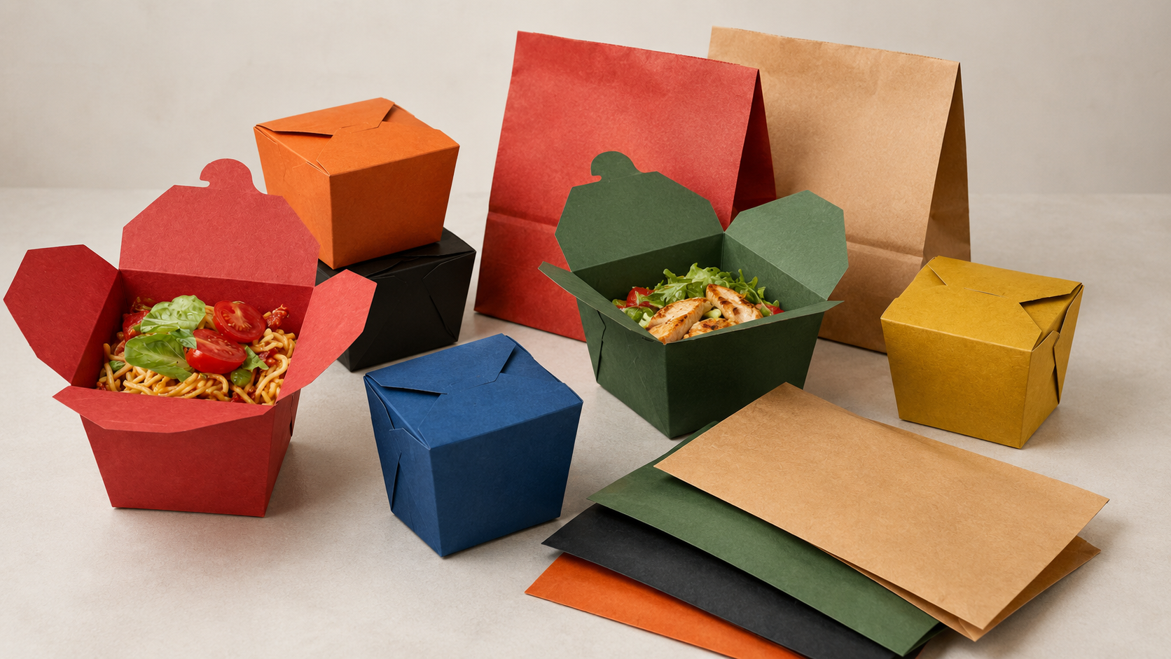 Assorted color-coded takeout containers with branded lids and bags on a ghost kitchen packing line.