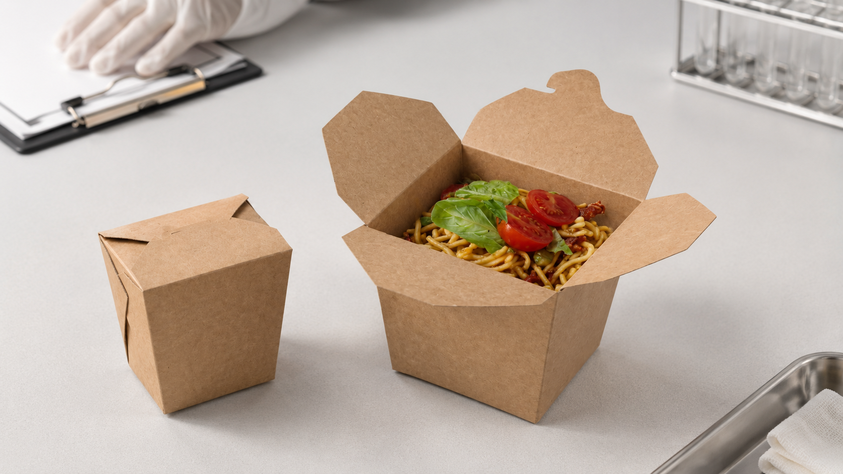 Stack of printed foodservice packaging boxes with recycling symbols on a kitchen counter