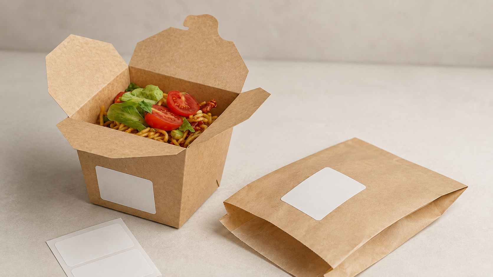 Row of food packaging containers with sorting pictogram labels arranged on a table